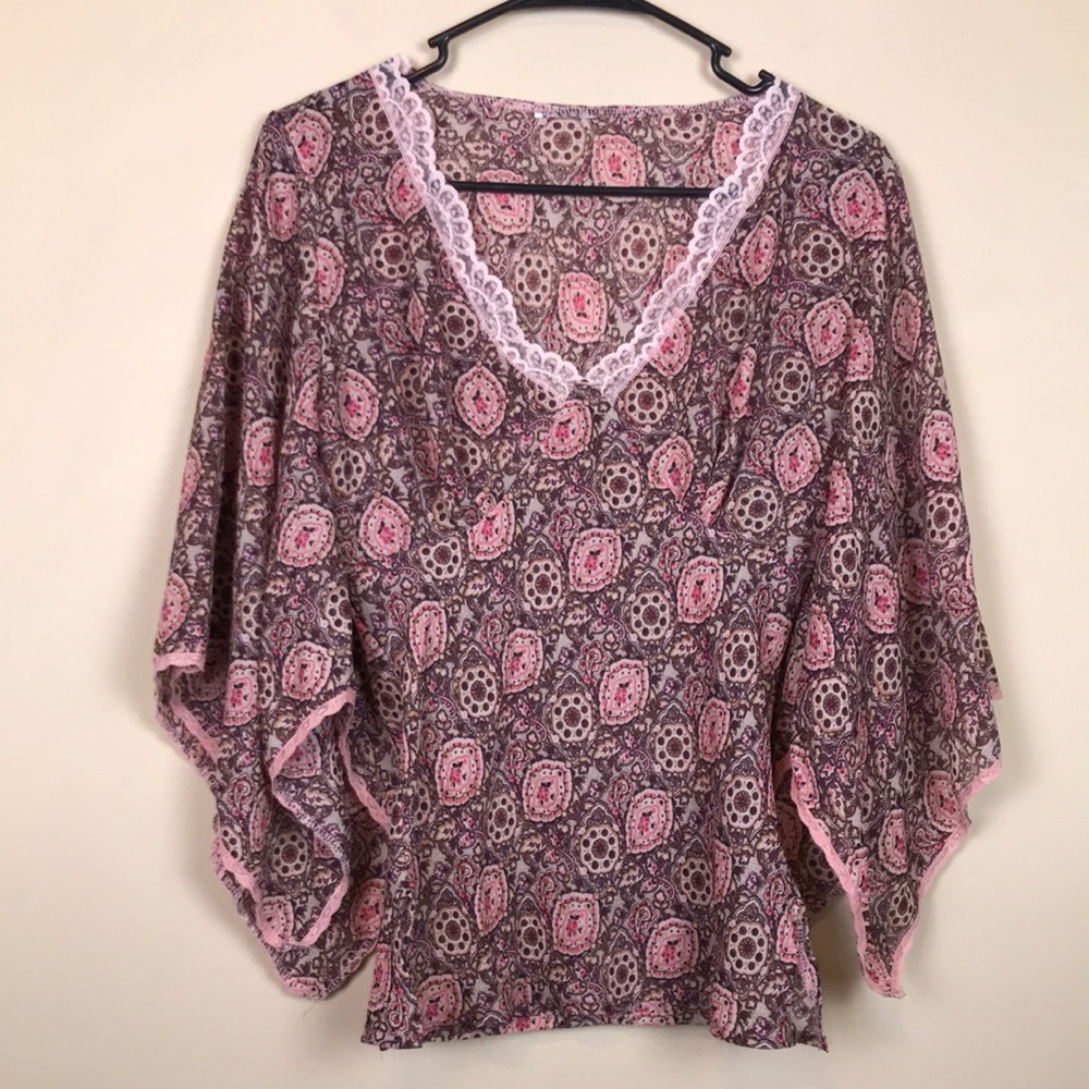 Women’s Y2K Boho Fairy Babydoll Floral Lace V-Neck Batwing Sleeve Blouse